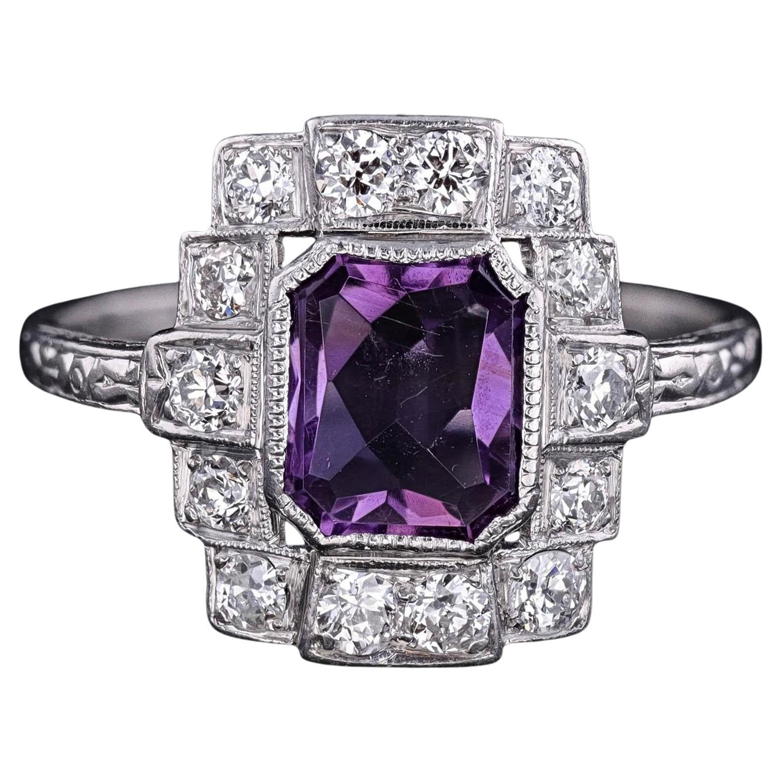 Bague Art déco en platine avec améthyste et diamants