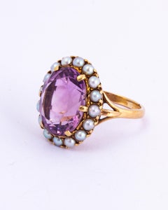 Art Deco Amethyst and Pearl 9 Carat Gold Cocktail Cluster Ring