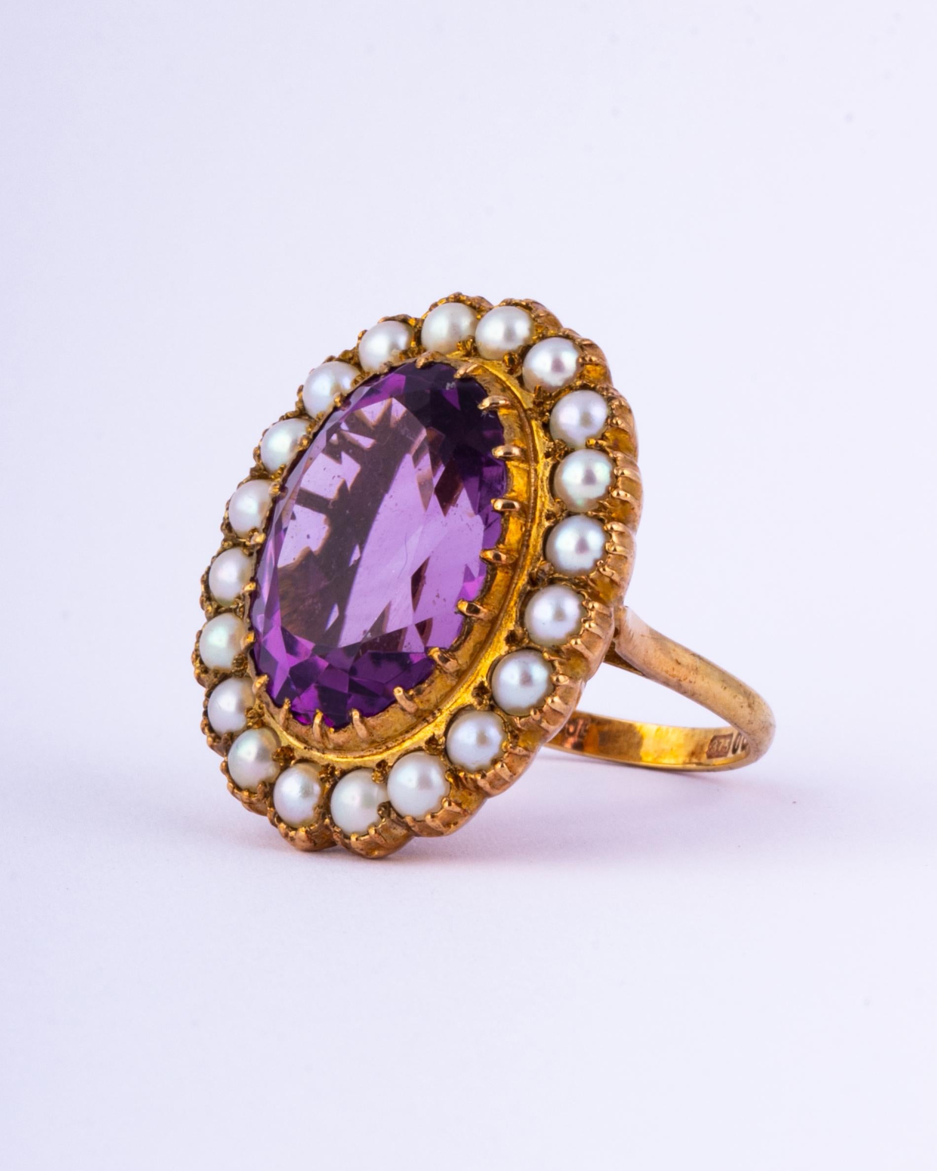 Cabochon Art Deco Amethyst and Pearl 9 Carat Gold Cocktail Cluster Ring For Sale