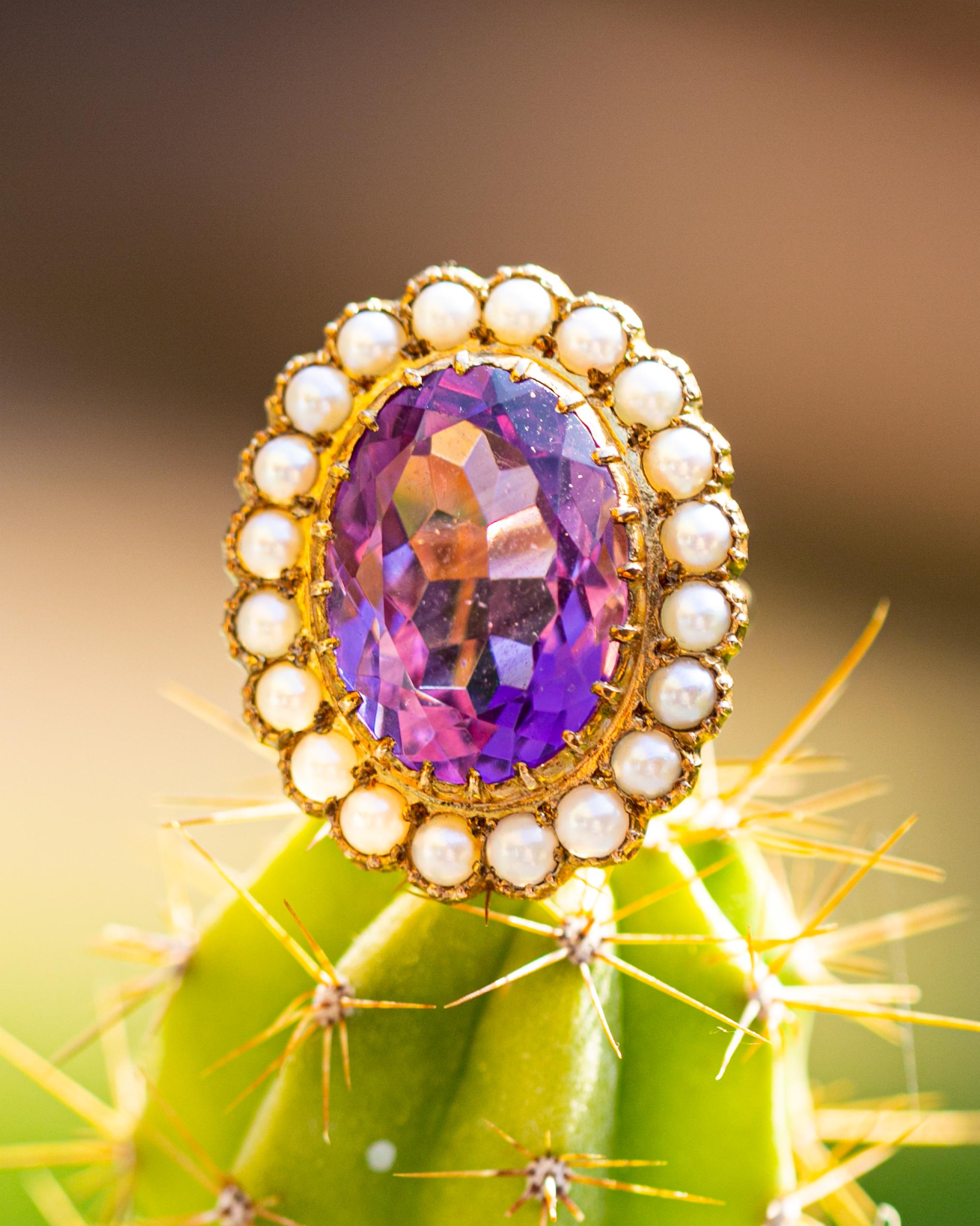 Women's Art Deco Amethyst and Pearl 9 Carat Gold Cocktail Cluster Ring For Sale