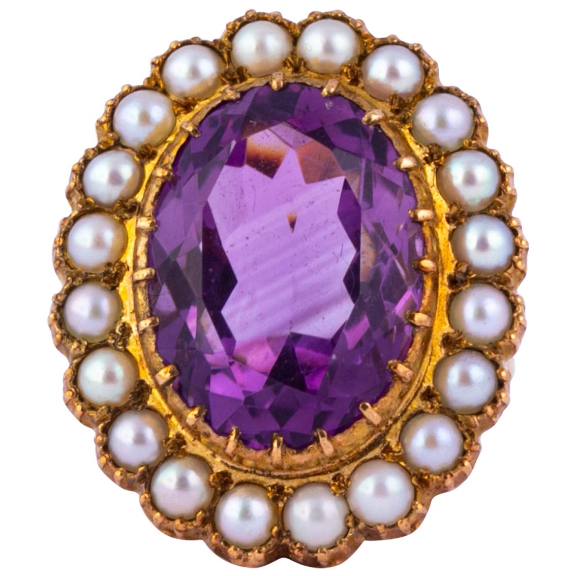 Art Deco Amethyst and Pearl 9 Carat Gold Cocktail Cluster Ring For Sale