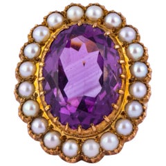 Art Deco Amethyst and Pearl 9 Carat Gold Cocktail Cluster Ring