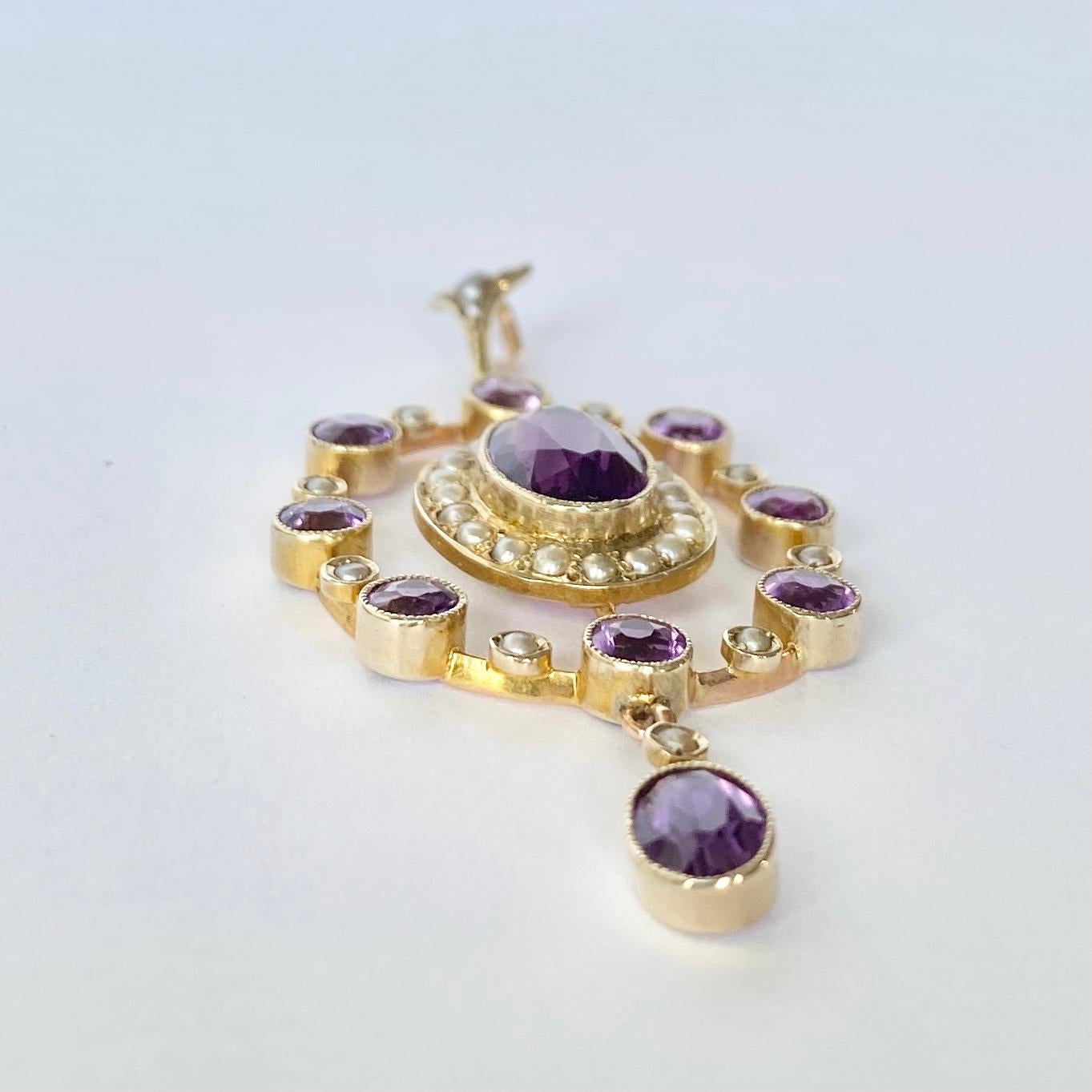 Round Cut Art Deco Amethyst and Pearl 9 Carat Gold Pendant