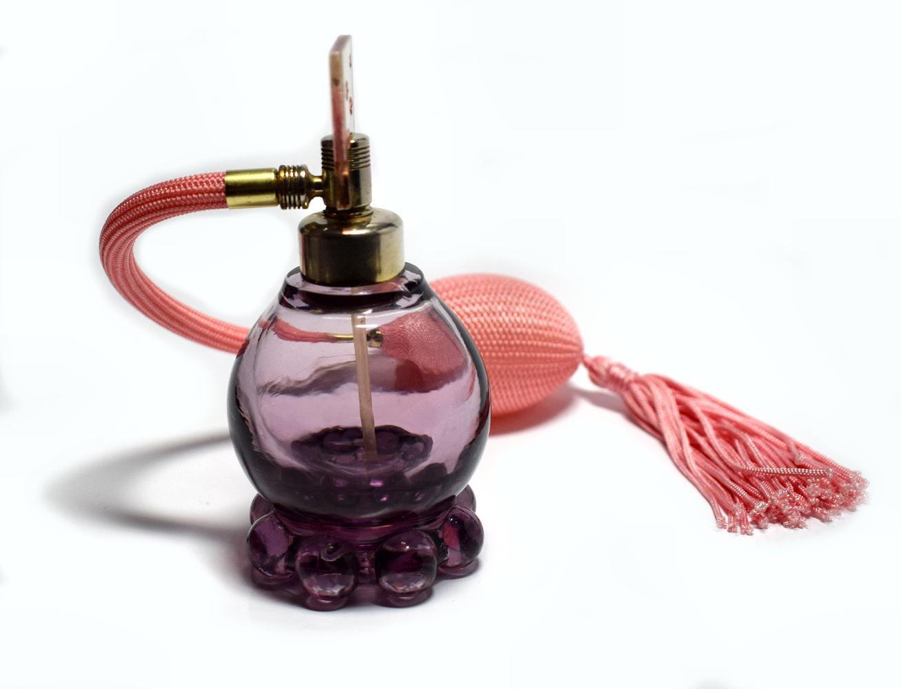 English Art Deco Amethyst and Pink Glass Perfume Atomiser