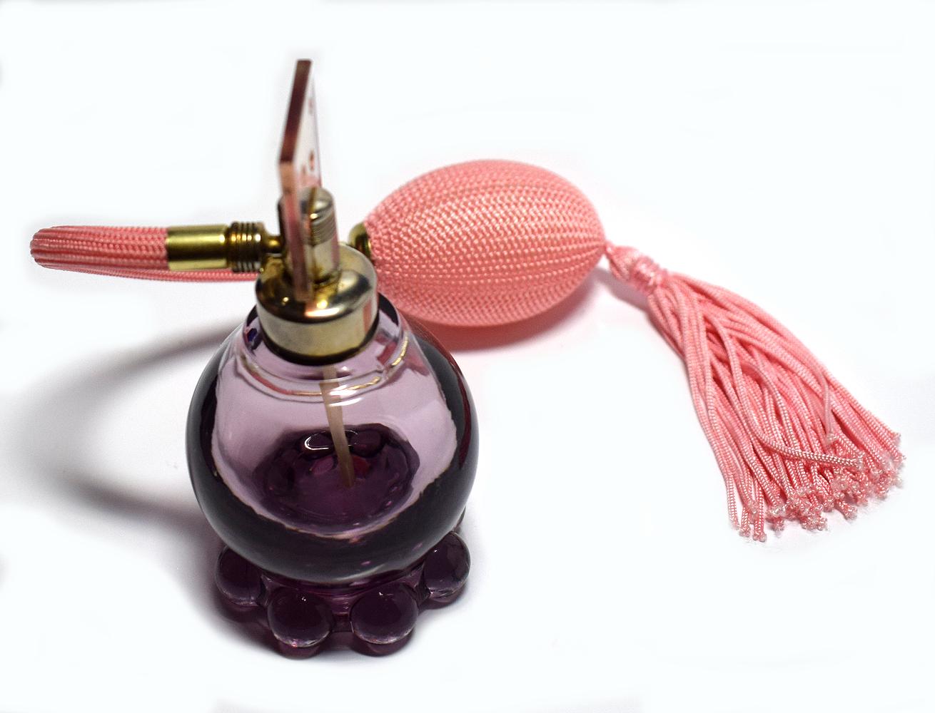 Art Deco Amethyst and Pink Glass Perfume Atomiser In Good Condition In Devon, England