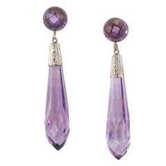 Antique Art Deco Amethyst Briolette Dangling White Gold Earrings