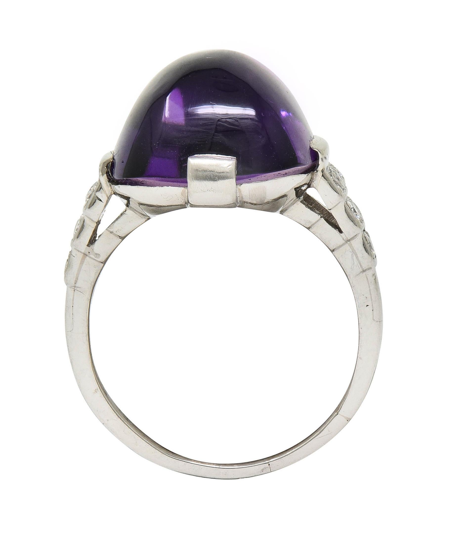 Art Deco Amethyst Cabochon Diamond Platinum Vintage Stepped Cocktail Ring For Sale 5