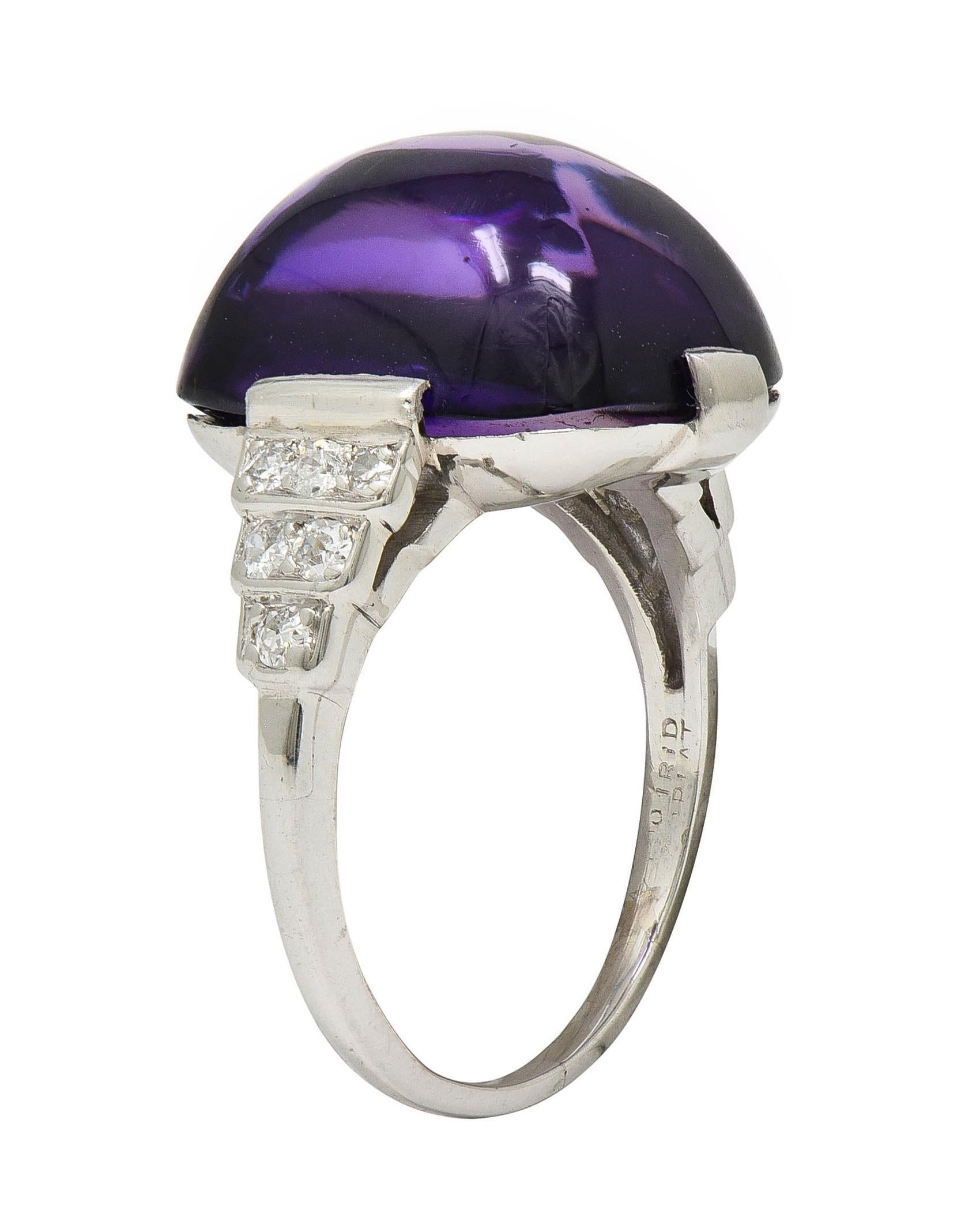 Art Deco Amethyst Cabochon Diamond Platinum Vintage Stepped Cocktail Ring For Sale 6