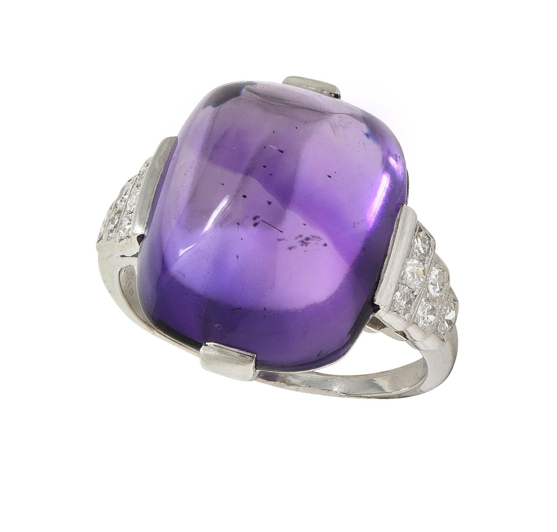 Art Deco Amethyst Cabochon Diamond Platinum Vintage Stepped Cocktail Ring For Sale 7