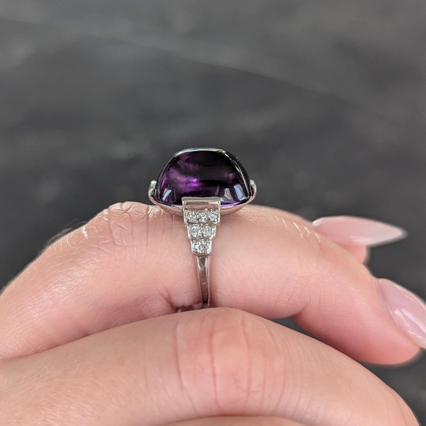 Art Deco Amethyst Cabochon Diamond Platinum Vintage Stepped Cocktail Ring For Sale 8