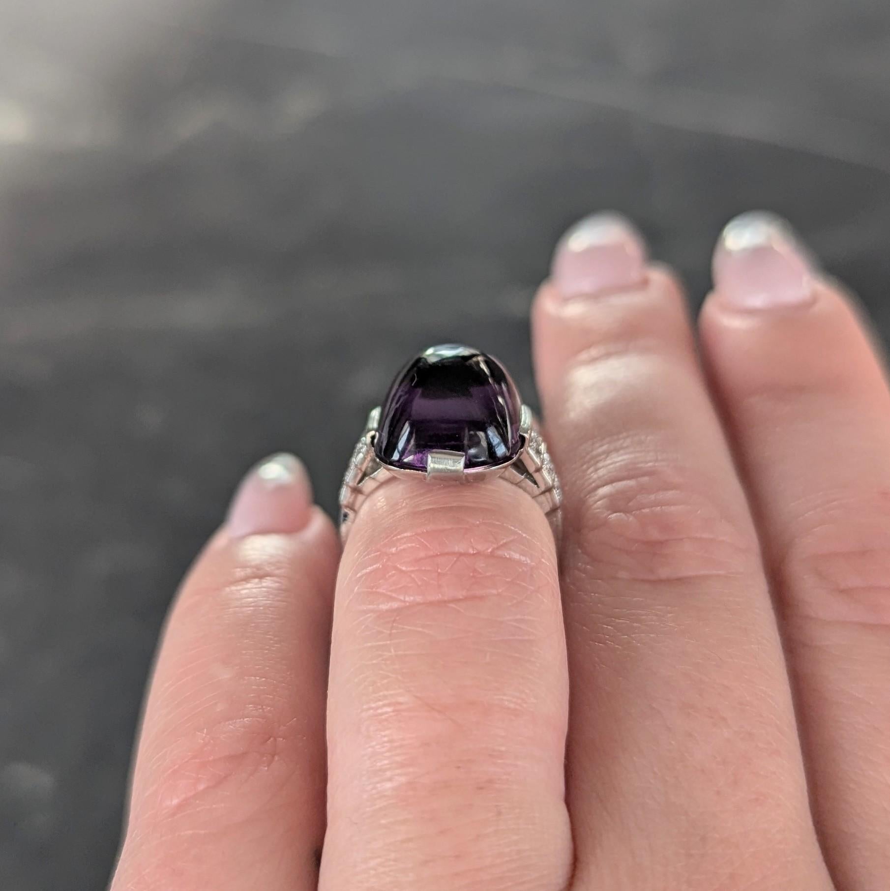 Art Deco Amethyst Cabochon Diamond Platinum Vintage Stepped Cocktail Ring For Sale 9