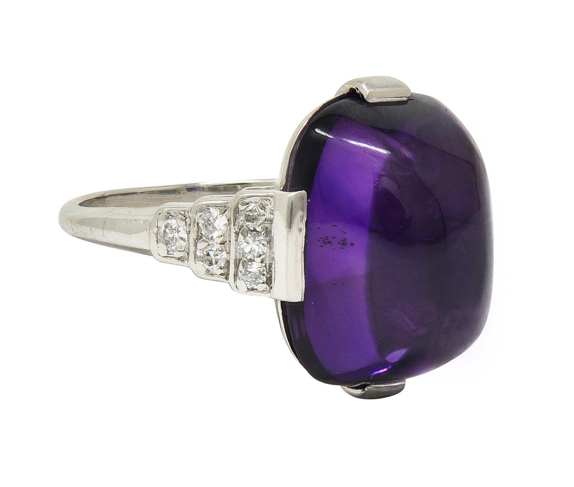 Single Cut Art Deco Amethyst Cabochon Diamond Platinum Vintage Stepped Cocktail Ring For Sale