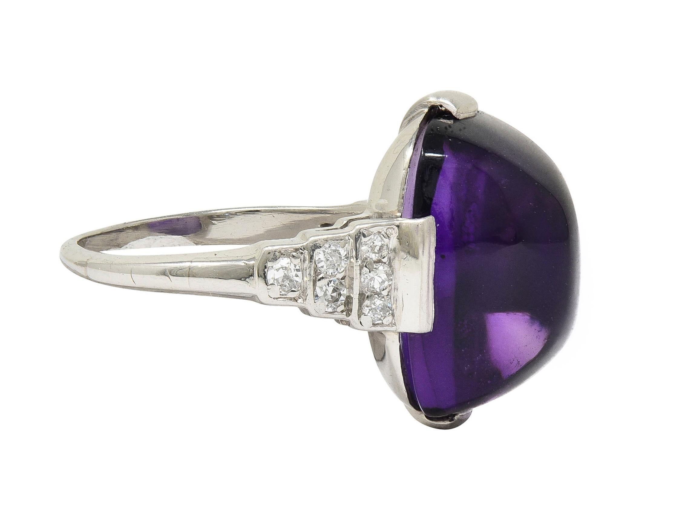 Art Deco Amethyst Cabochon Diamond Platinum Vintage Stepped Cocktail Ring In Excellent Condition For Sale In Philadelphia, PA