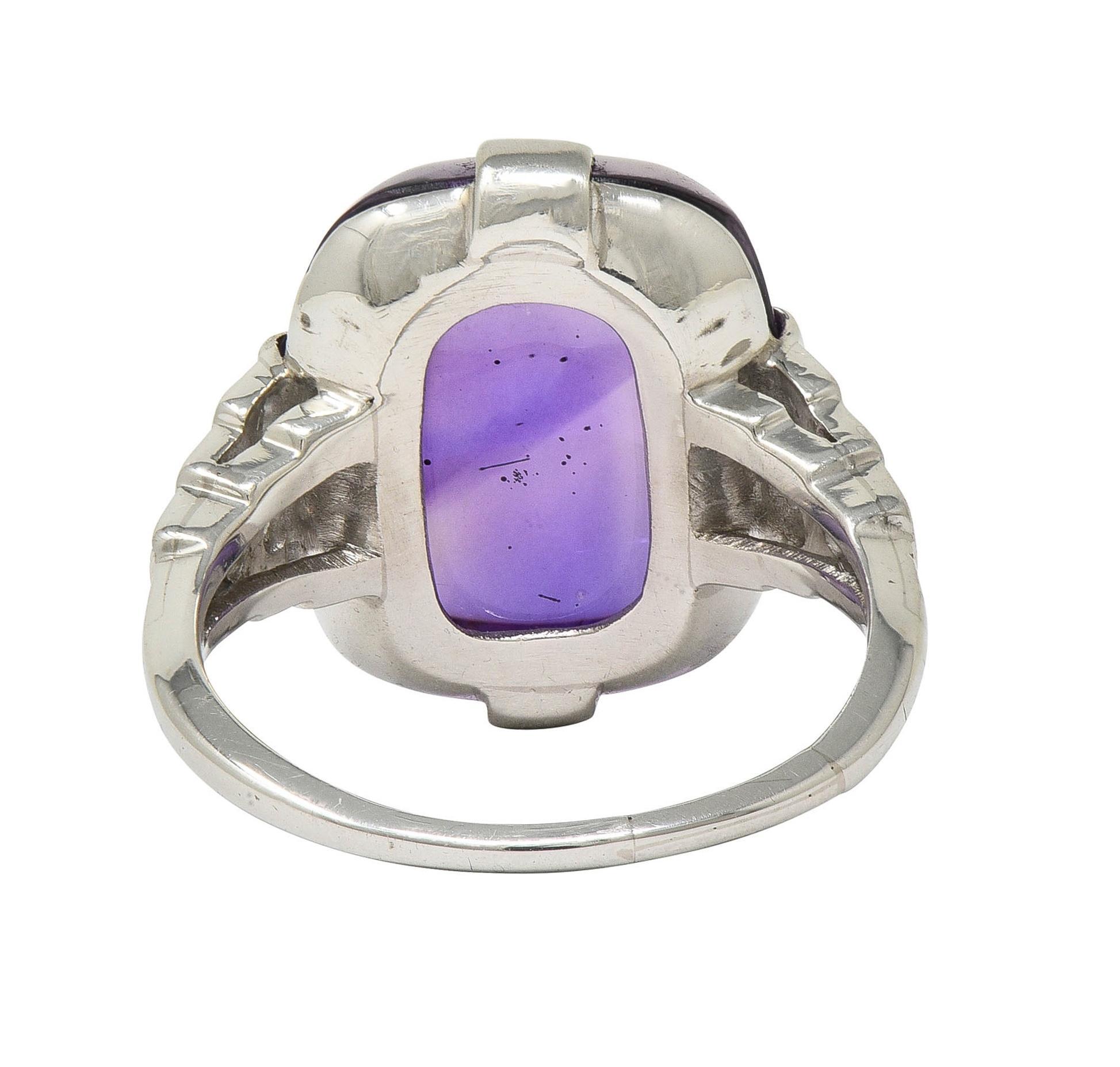 Women's or Men's Art Deco Amethyst Cabochon Diamond Platinum Vintage Stepped Cocktail Ring For Sale