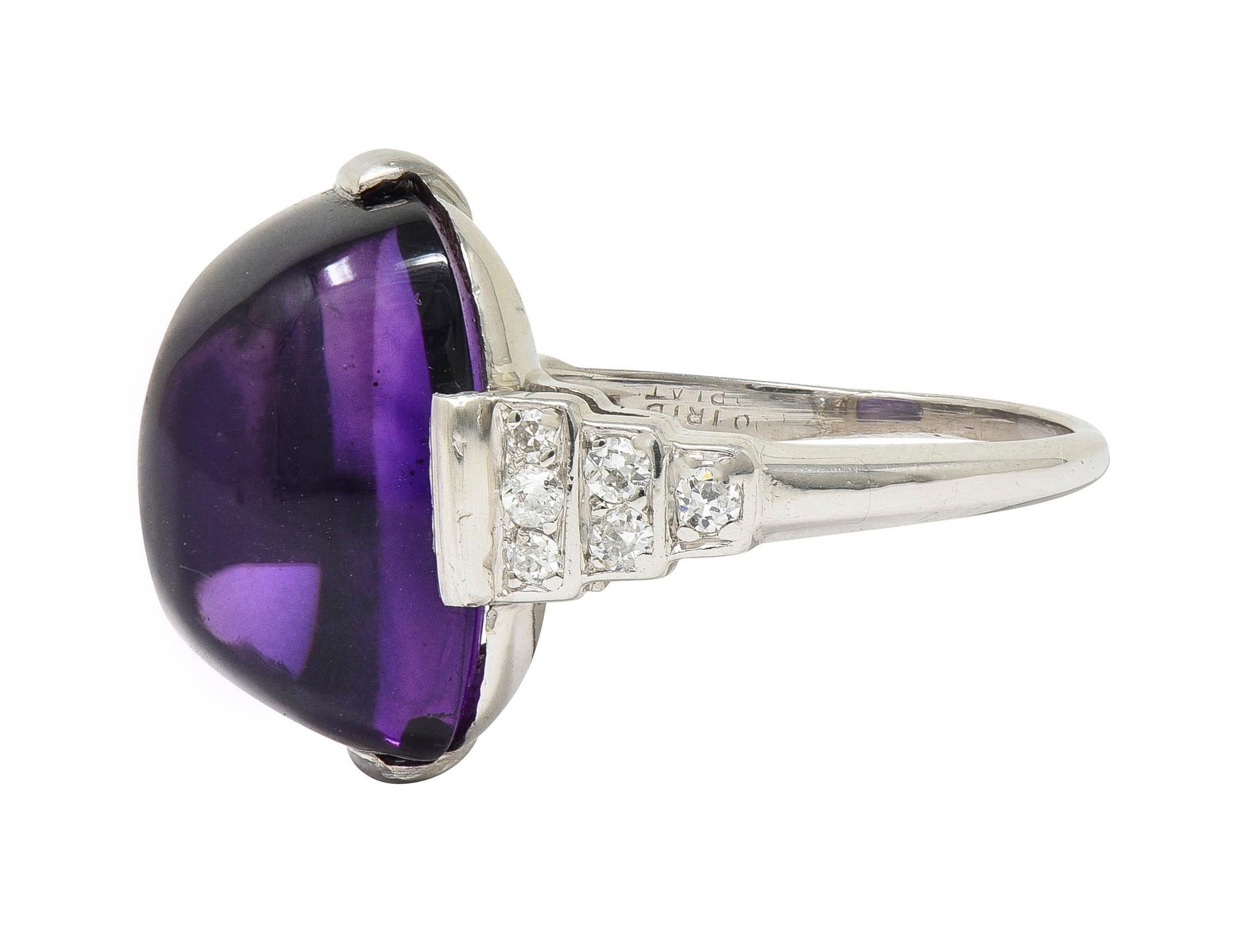 Art Deco Amethyst Cabochon Diamond Platinum Vintage Stepped Cocktail Ring For Sale 1