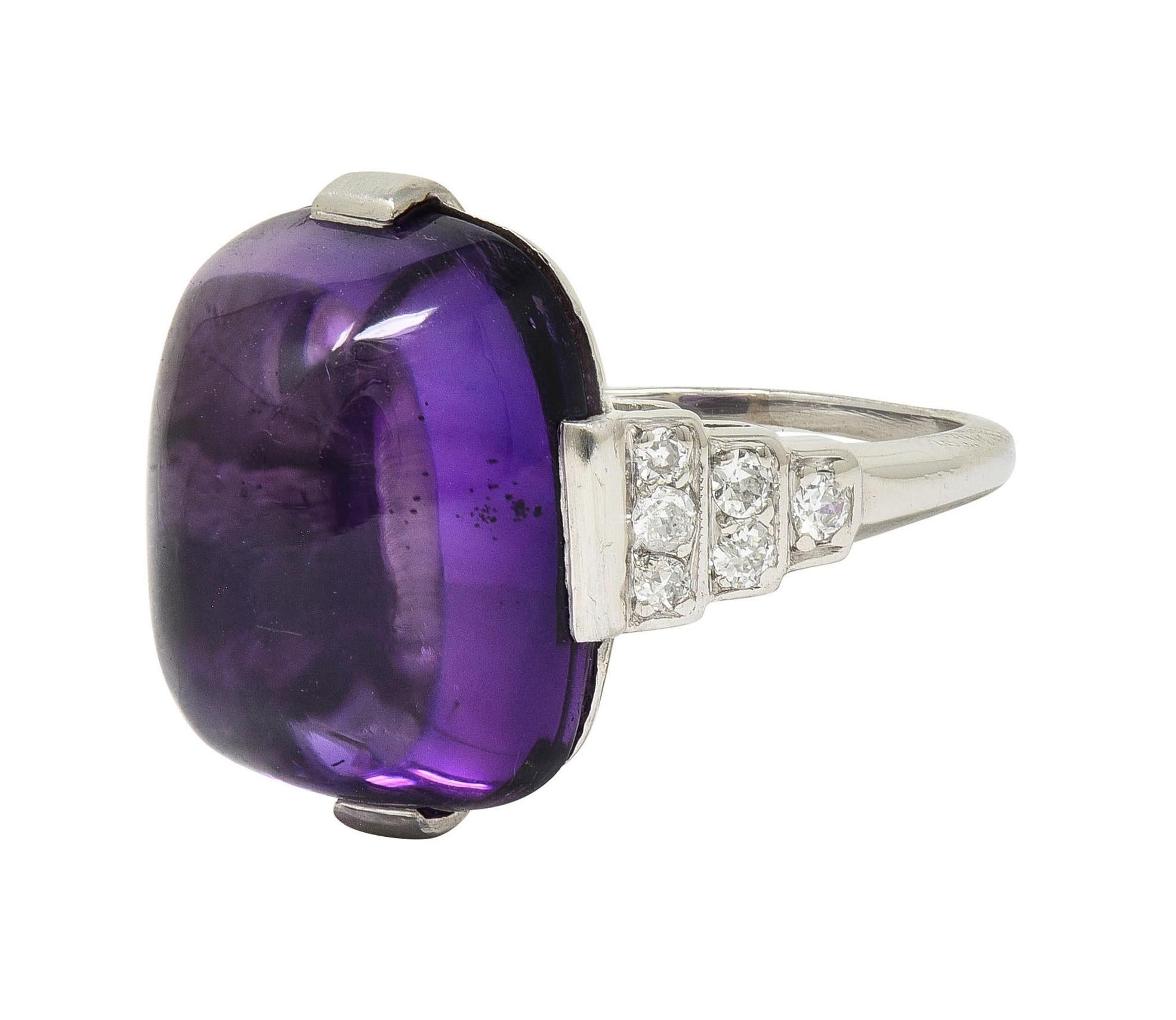 Art Deco Amethyst Cabochon Diamond Platinum Vintage Stepped Cocktail Ring For Sale 2