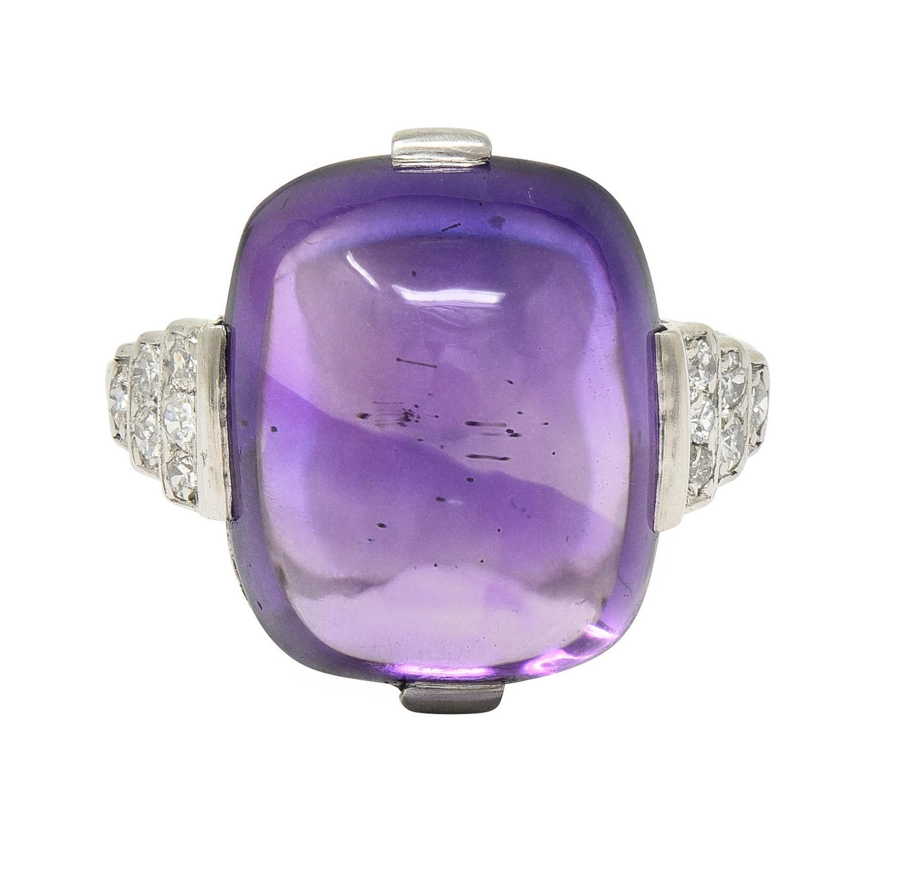 Art Deco Amethyst Cabochon Diamond Platinum Vintage Stepped Cocktail Ring For Sale 3
