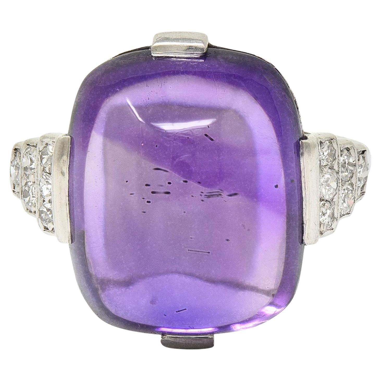Art Deco Amethyst Cabochon Diamant Platin Vintage Stepped Cocktail-Ring, Vintage