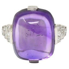 Bague cocktail vintage Art déco en platine avec améthyste cabochon et diamants