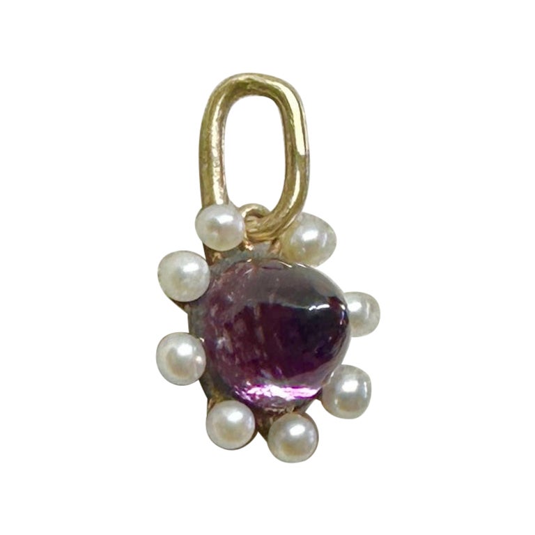 Collana Art Deco con ciondolo di ametista e perle cabochon in oro 14 carati dell'età dell'oro in vendita