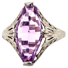 Art Deco Amethyst Cocktail Ring 3ct Filigree Antique 14K White Gold Original 192