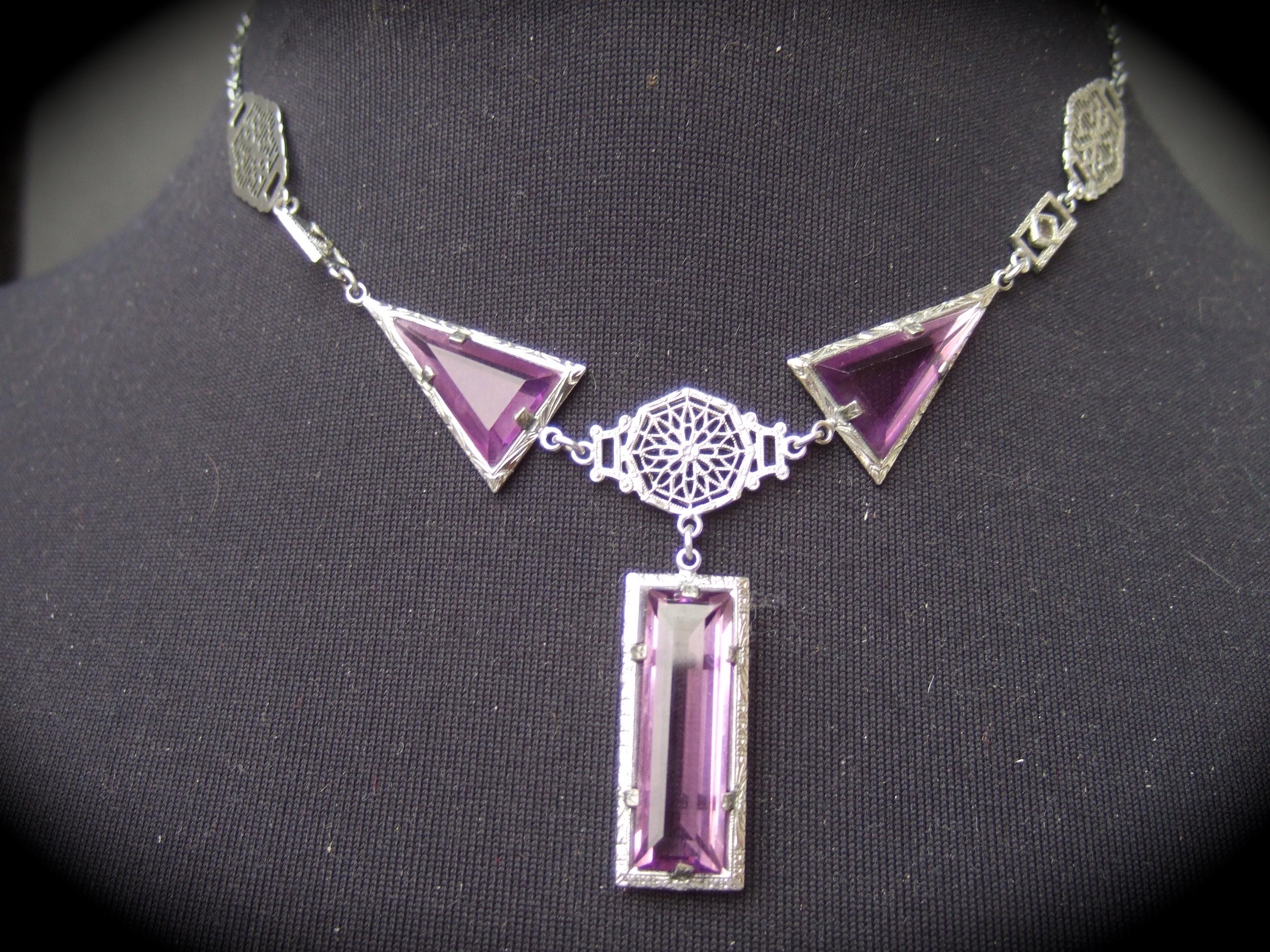 Art Deco Amethyst Color Glass Crystal Necklace & Bracelet c 1930s In Good Condition For Sale In University City, MO