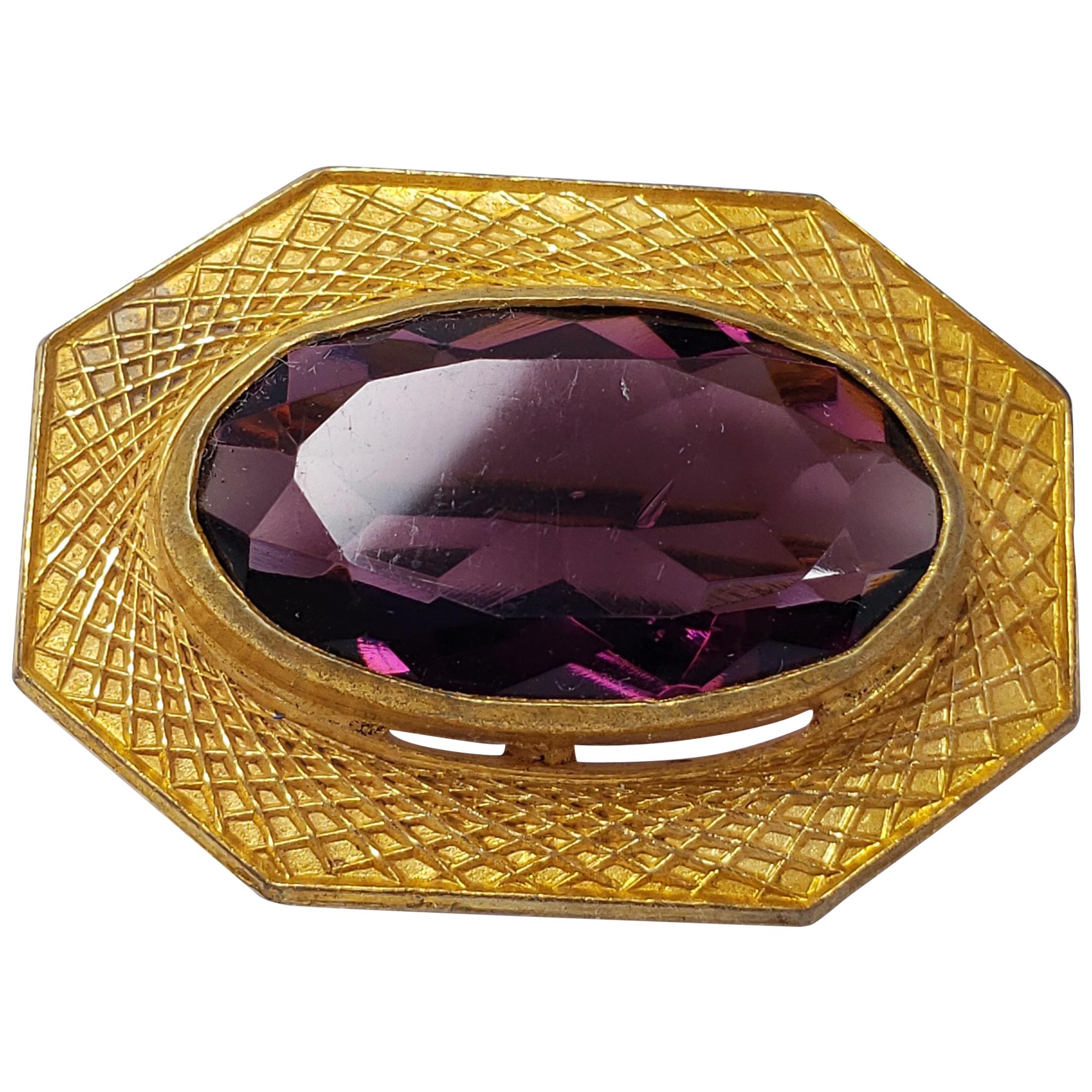 Art Deco Amethyst Colored Crystal and Gold Tone Geometrical Bezel Pin Brooch For Sale