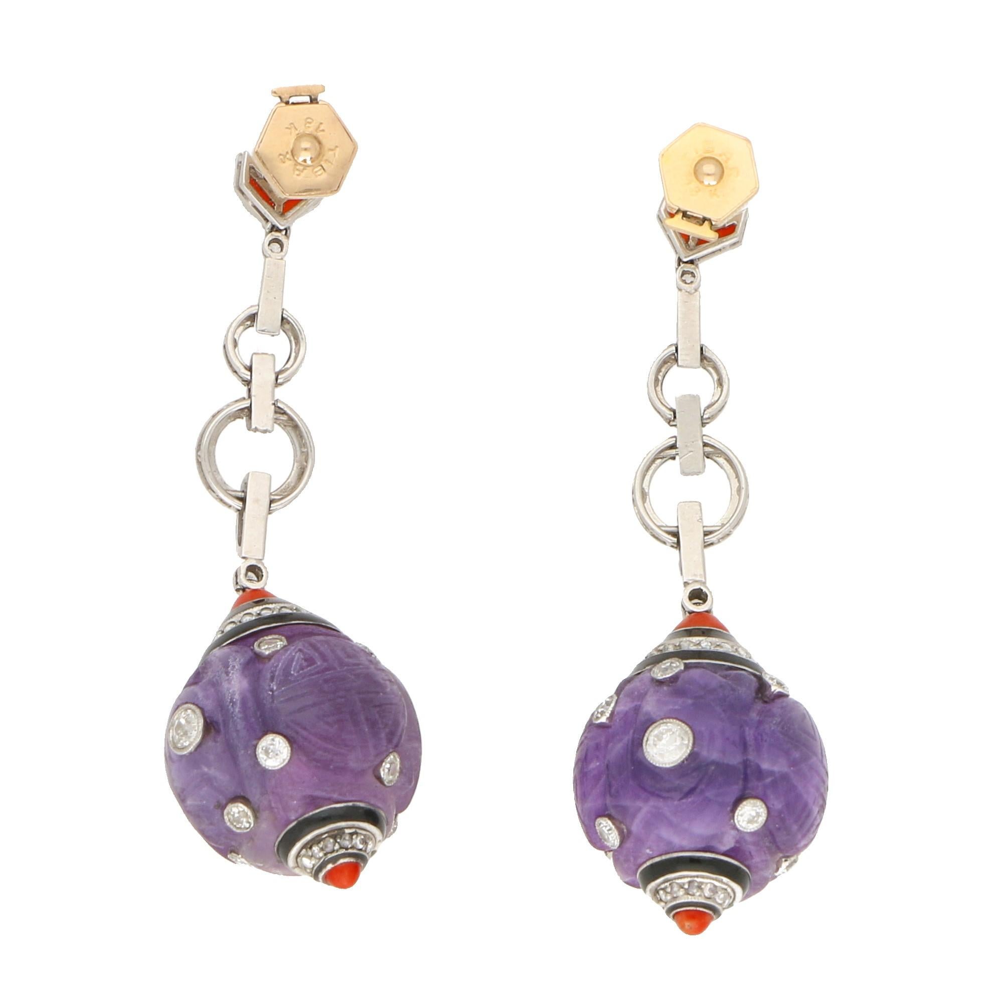 French Art Deco Amethyst, Diamond, Coral, Enamel Drop Cocktail Drop Earrings In Good Condition In London, GB