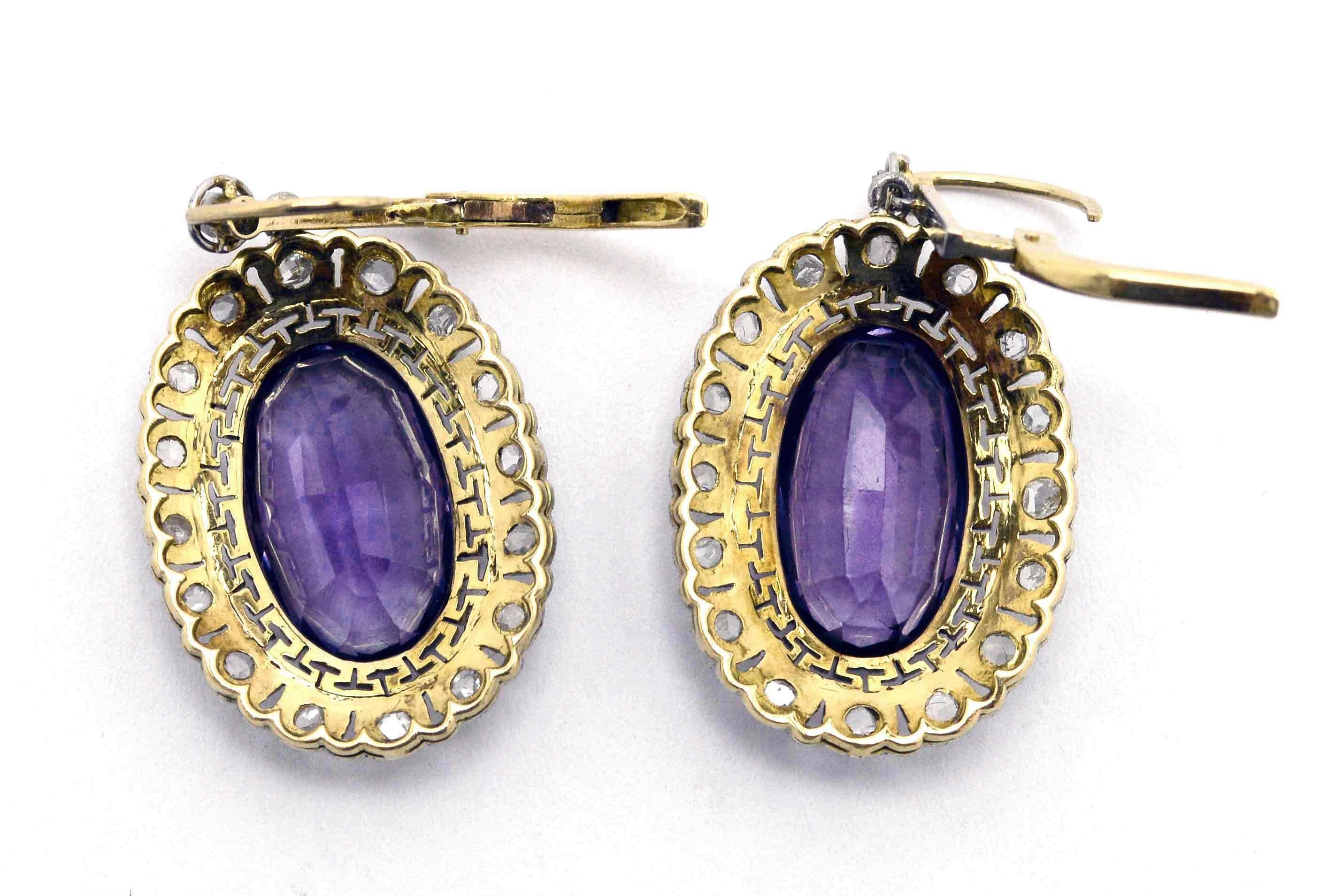 Women's Art Deco Amethyst Diamond Drop Dangle Earrings Oval Halo 18 Karat Gold Platinum