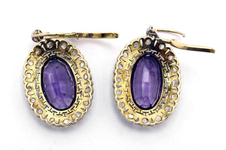 Women's Art Deco Amethyst Diamond Drop Dangle Earrings Oval Halo 18 Karat Gold Platinum For Sale