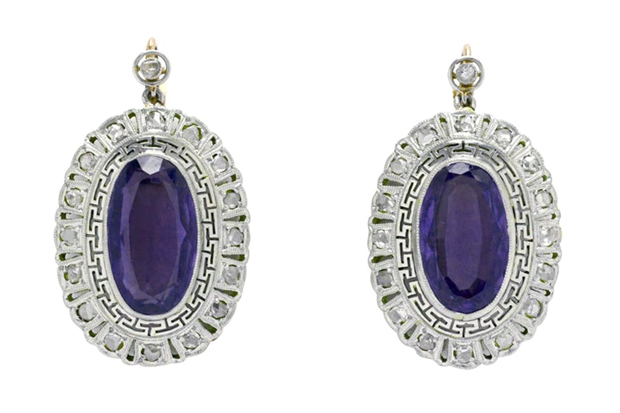 Art Deco Amethyst Diamond Drop Dangle Earrings Oval Halo 18 Karat Gold Platinum 1