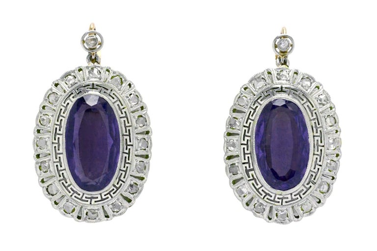 Art Deco Amethyst Diamond Drop Dangle Earrings Oval Halo 18 Karat Gold Platinum For Sale 1