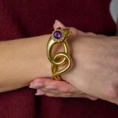 Art Deco amethyst diamond emerald 18k yellow gold snake bangle