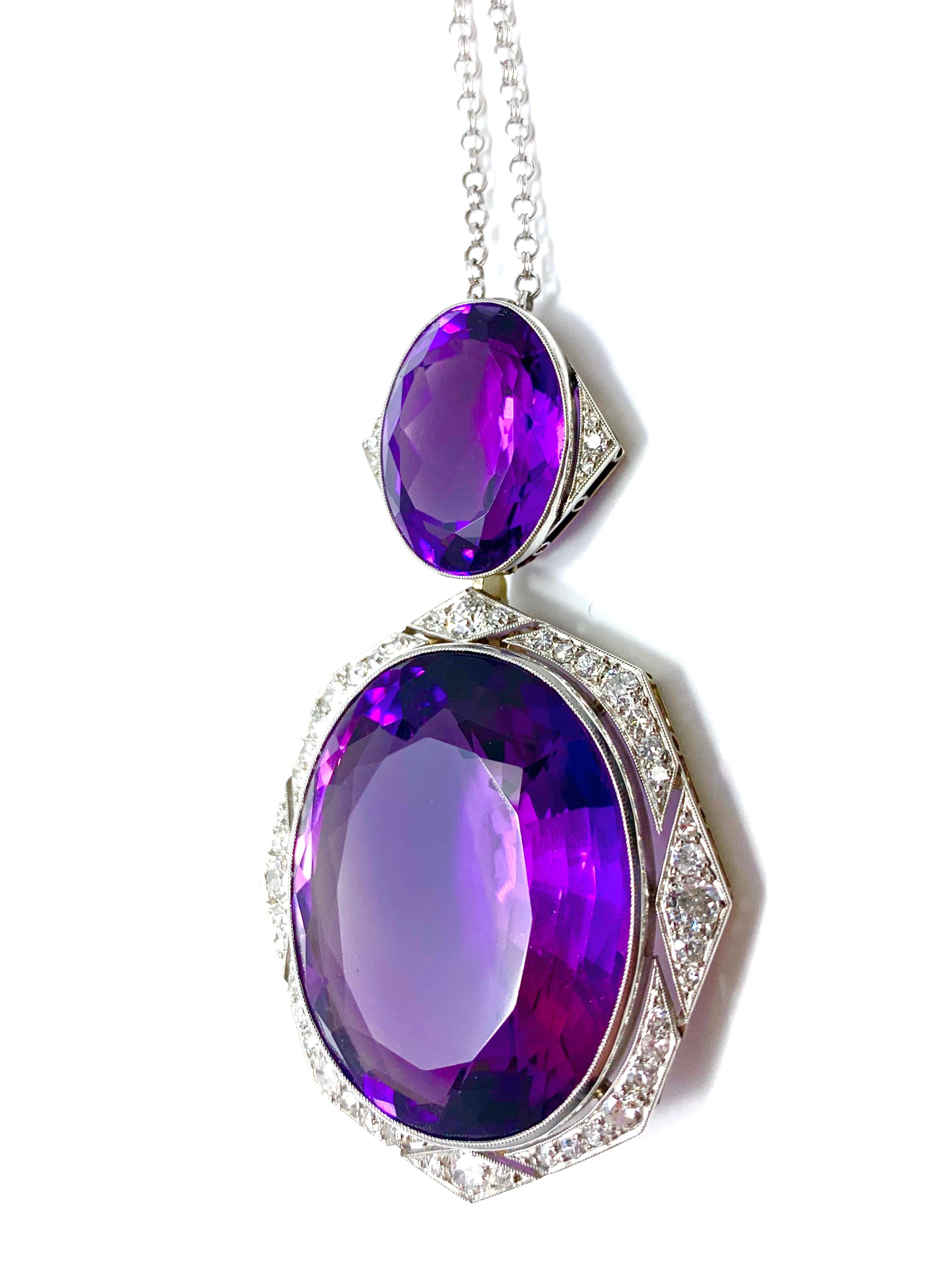 Art Deco Amethyst Diamond Gold Platinum Pendant Necklace In Excellent Condition In Chevy Chase, MD