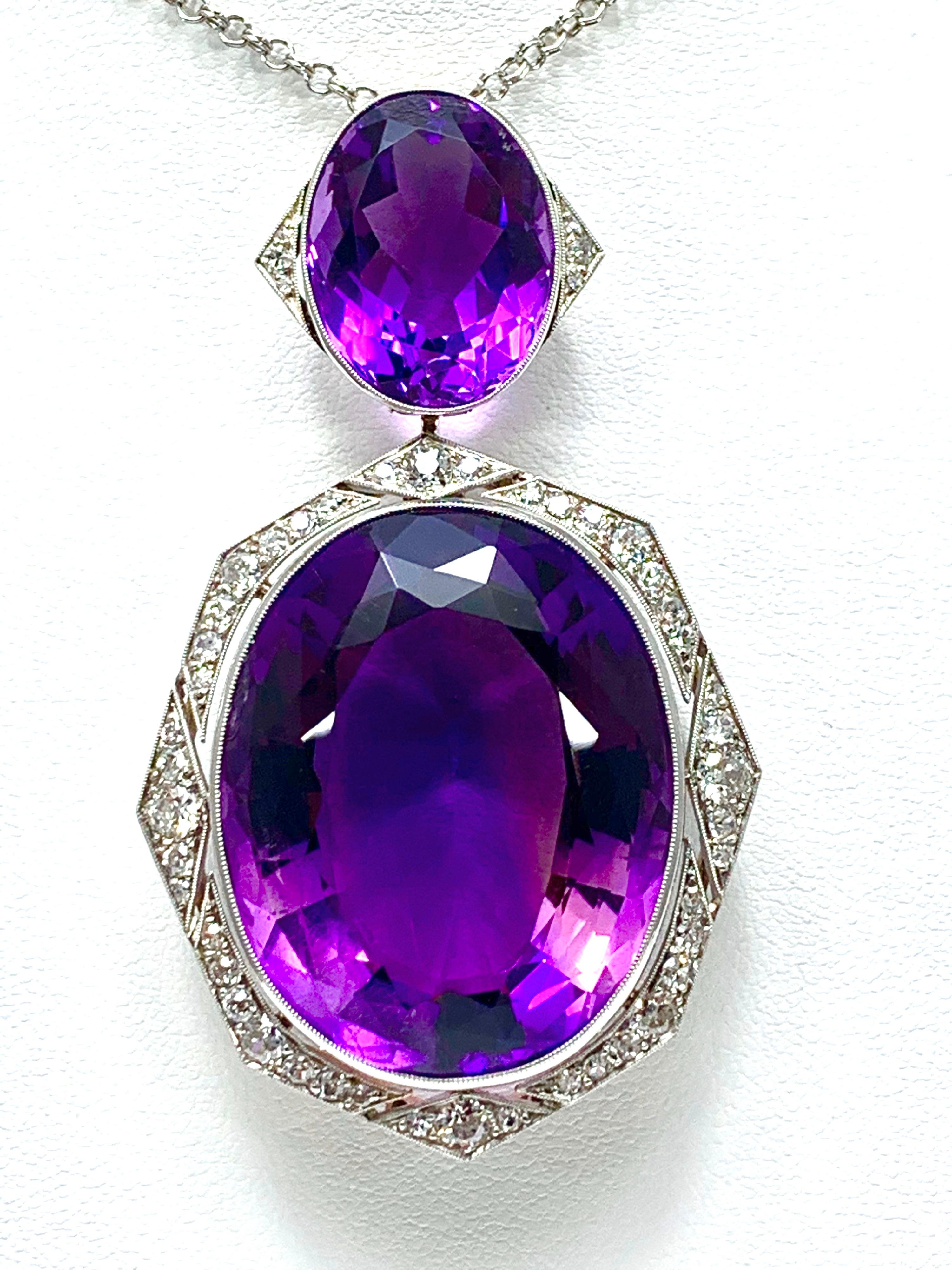 Women's Art Deco Amethyst Diamond Gold Platinum Pendant Necklace