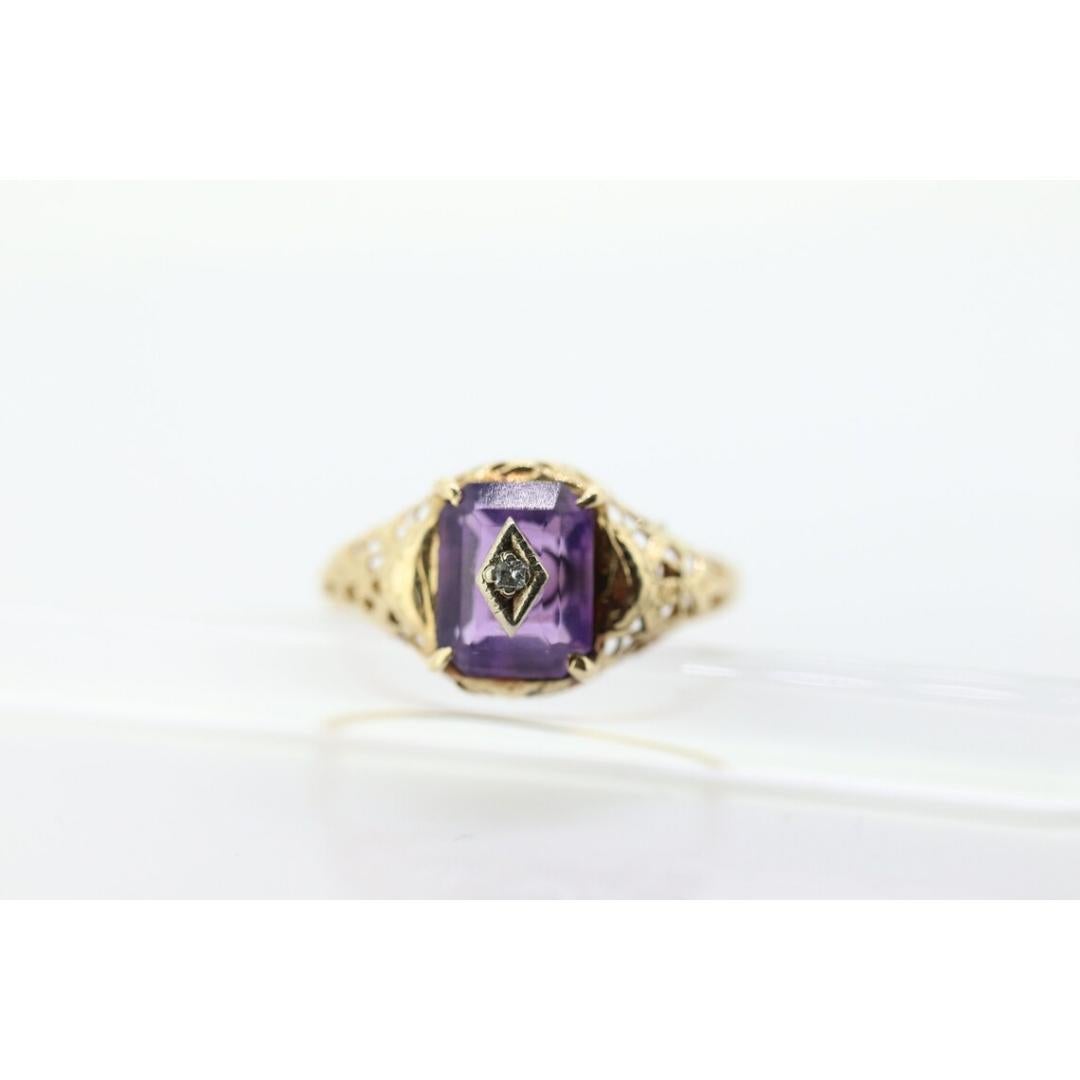 Art Deco Amethyst-Diamantring. 14k Gelbgold Filigranes Design. Verlobungsring im Zustand „Gut“ im Angebot in Port Charlotte, FL