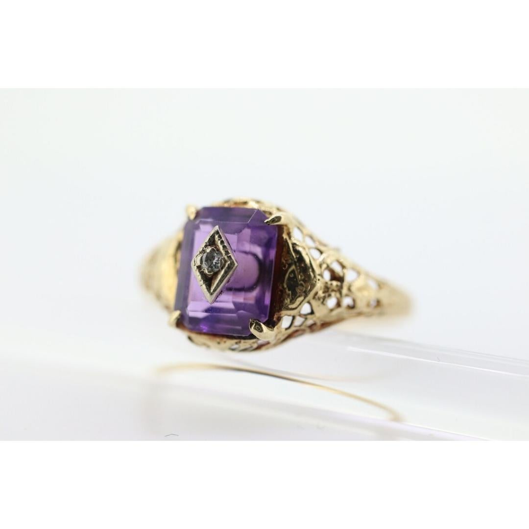 Art Deco Amethyst-Diamantring. 14k Gelbgold Filigranes Design. Verlobungsring Damen im Angebot