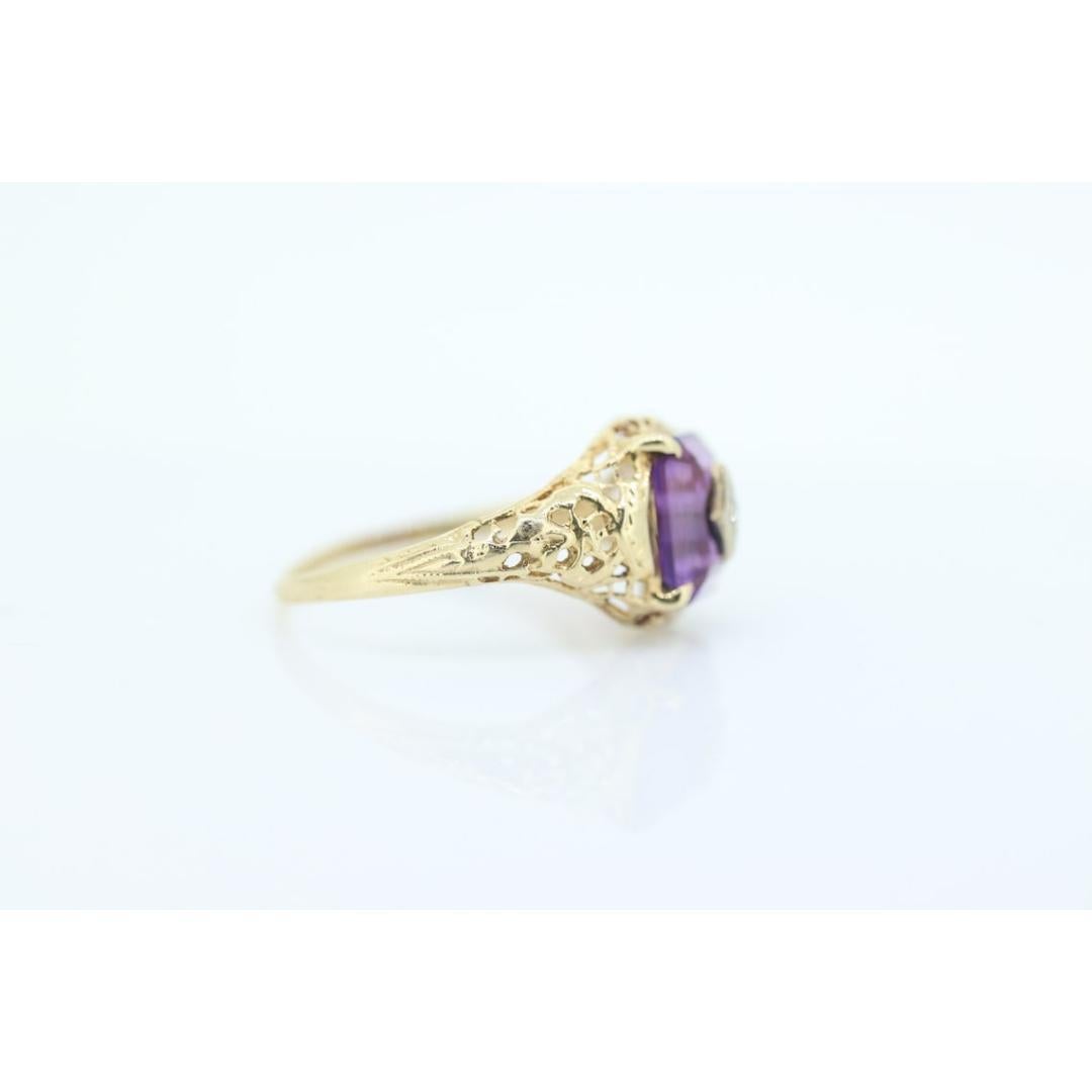 Art Deco Amethyst-Diamantring. 14k Gelbgold Filigranes Design. Verlobungsring im Angebot 2