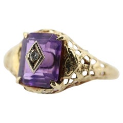 Art Deco Amethyst Diamond Ring. 14k Yellow Gold Filigree Design. Engagement Ring
