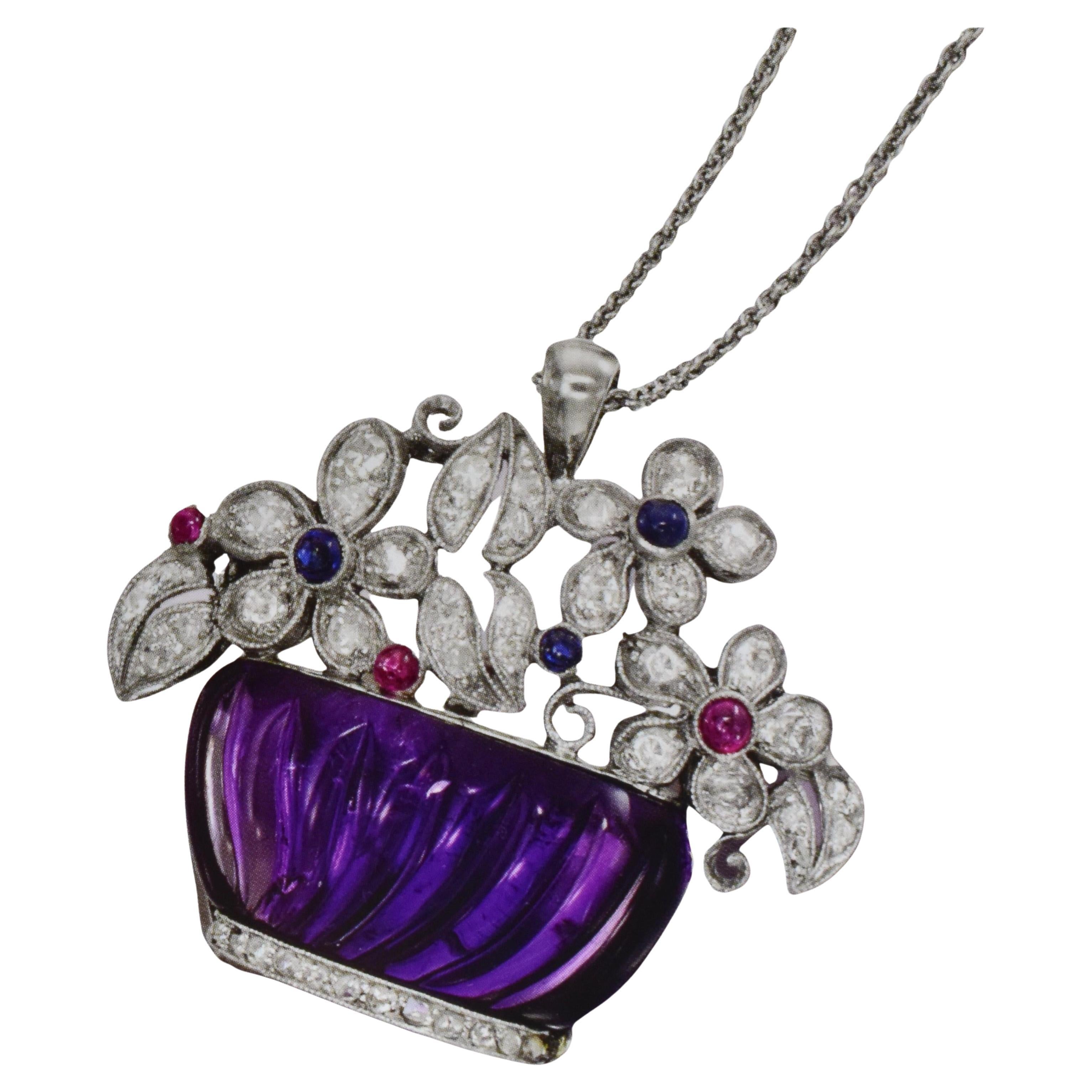 Art Deco Amethyst, Diamond, Sapphire and Ruby Pin/Pendant, circa 1925 In Excellent Condition For Sale In Aspen, CO