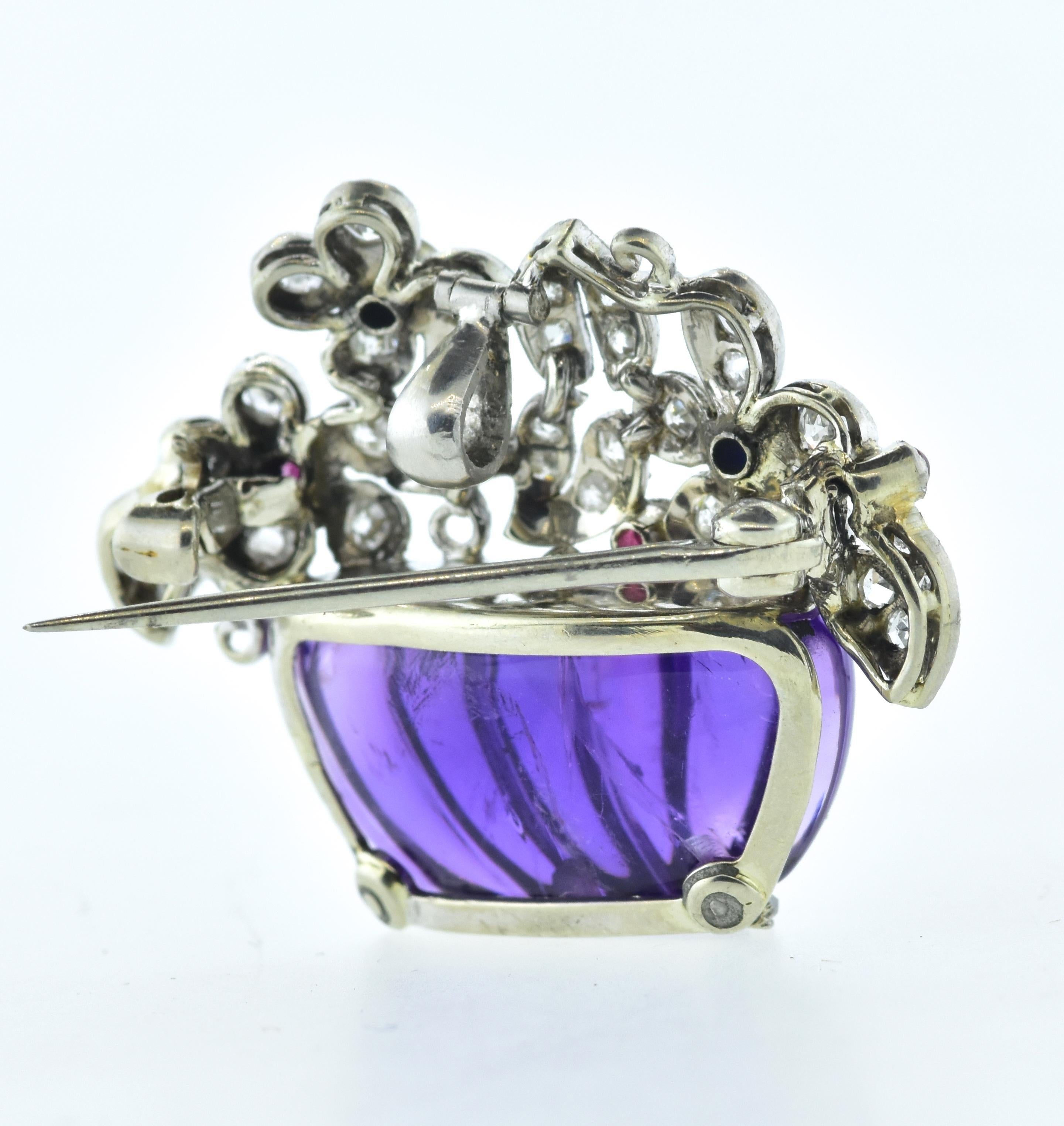 Art Deco Amethyst, Diamond, Sapphire and Ruby Pin/Pendant, circa 1925 For Sale 4
