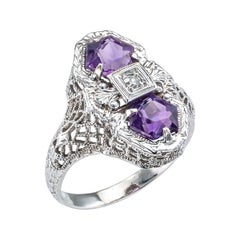 Art Deco Amethyst Diamond White Gold Filigree Ring