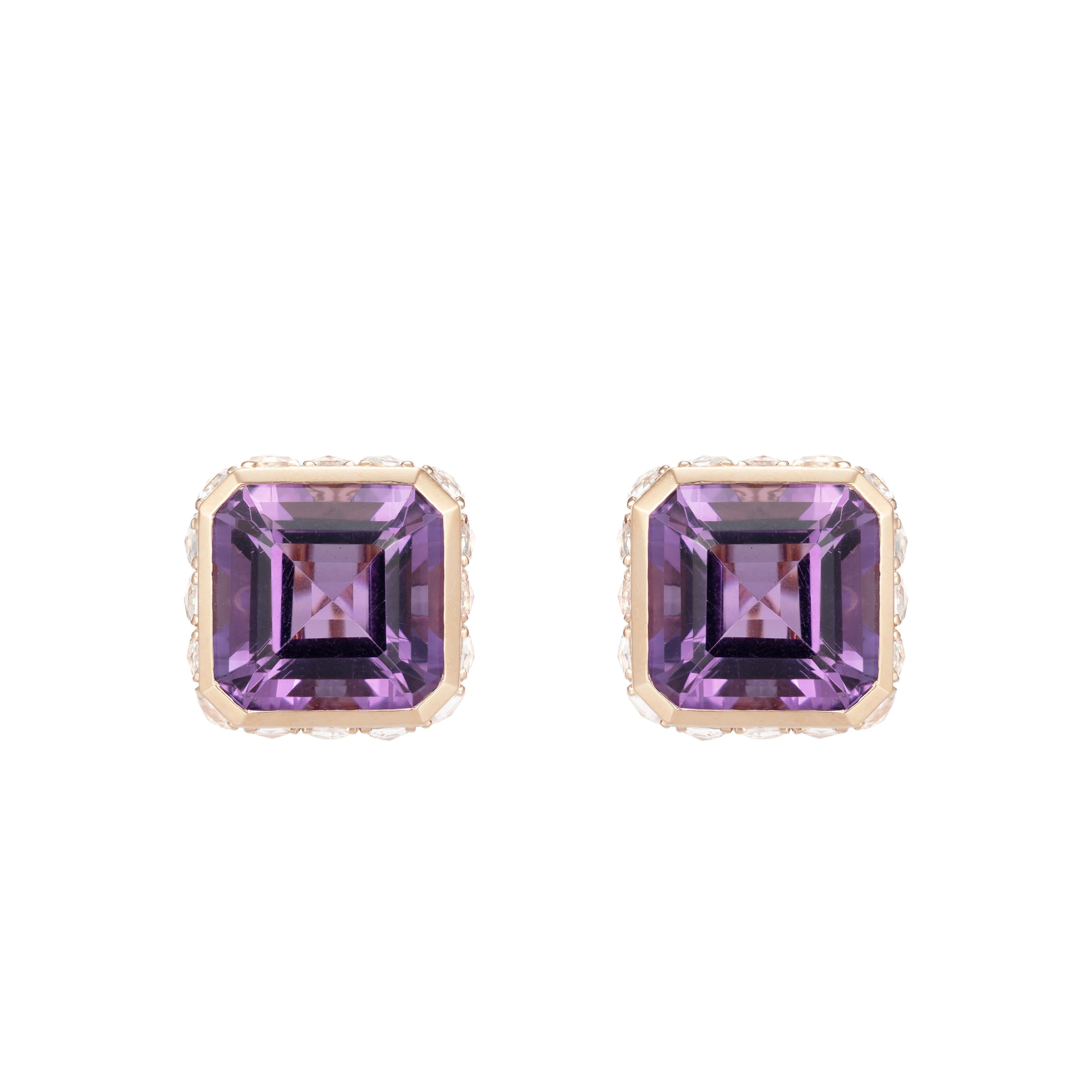 Octagon Cut Art Deco Amethyst Earring with White Topaz & Diamond in 18 Karat Rose Gold For Sale