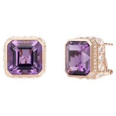 Art Deco Amethyst Earring with White Topaz & Diamond in 18 Karat Rose Gold