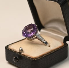 Art Deco Amethyst Engagement Ring. 6.40ct Round Amethyst Diamond Ring Platinum