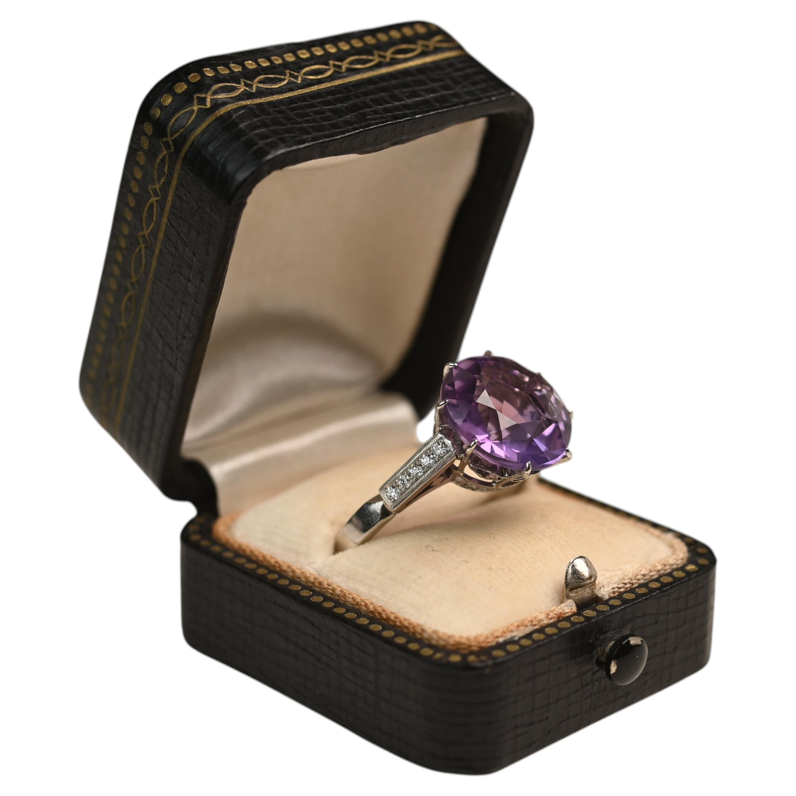 Art Deco Amethyst Engagement Ring. 6.40ct Round Amethyst Diamond Ring Platinum For Sale