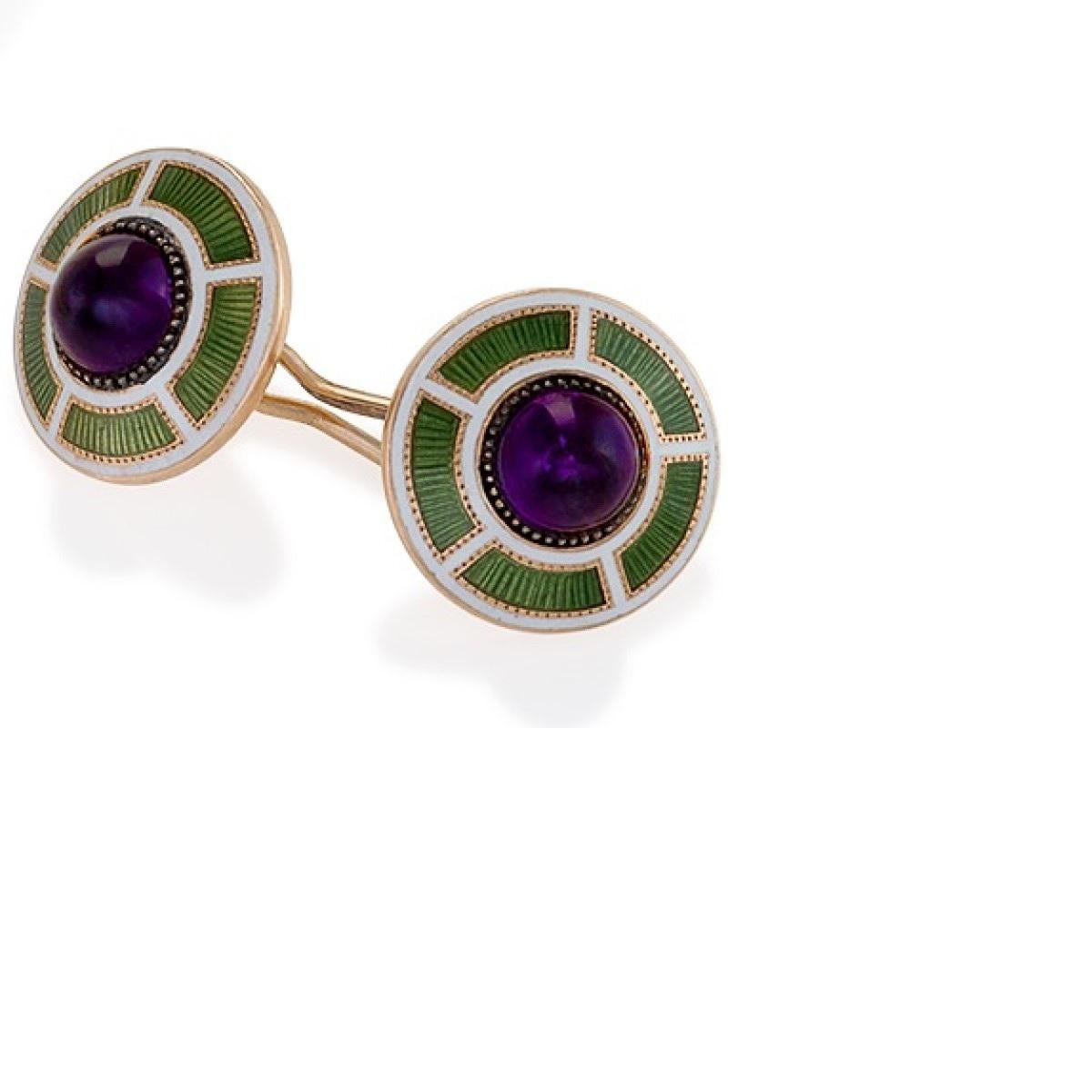 Art Deco Amethyst, Gold and Enamel Cufflinks In Excellent Condition In New York, NY