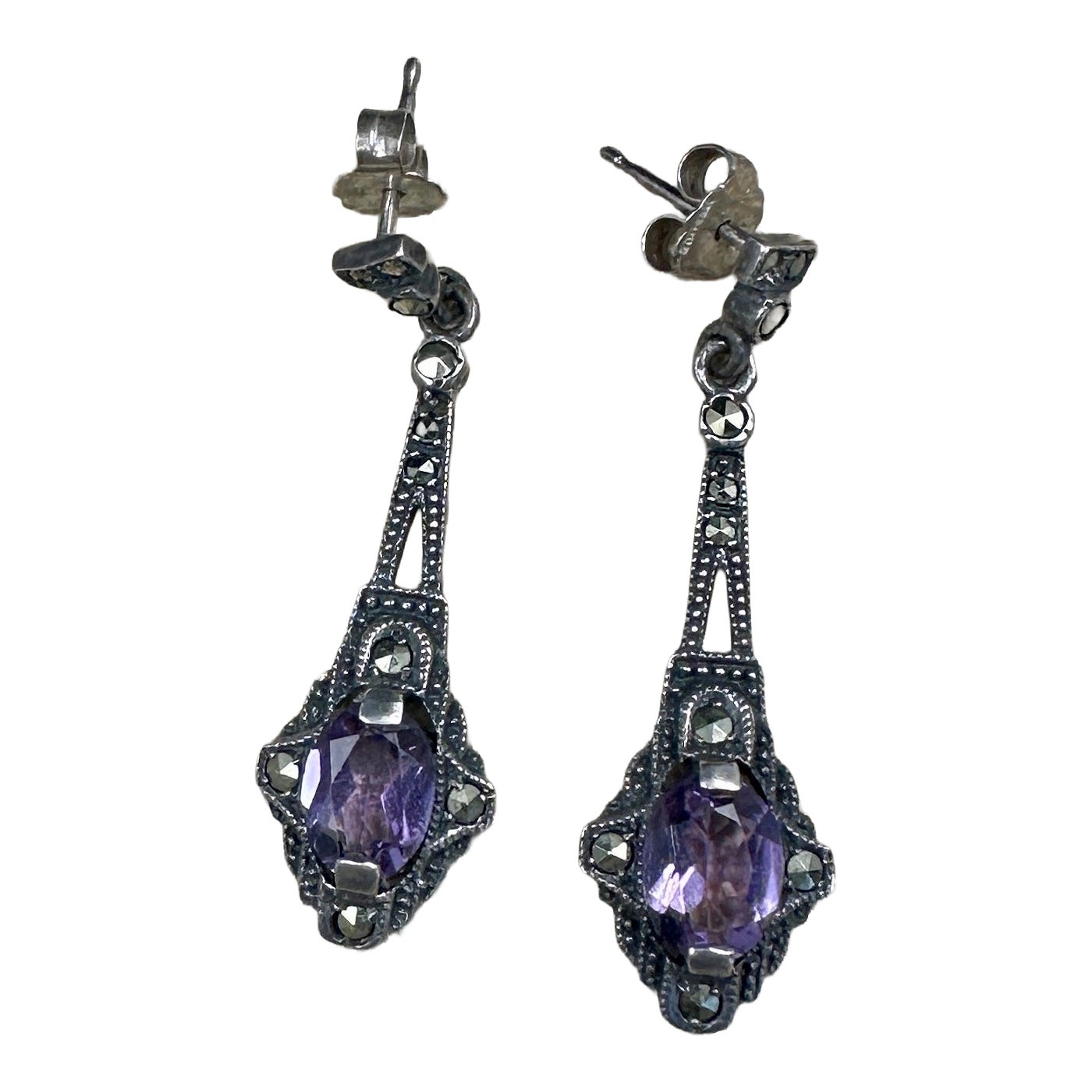 Art Deco Amethyst Marcasite Dangle Earrings Sterling Silver Antique Circa 1920