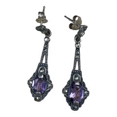 Art Deco Amethyst Marcasite Dangle Earrings Sterling Silver Antique Circa 1920