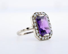 Art Deco Amethyst & Natural Pearl Ring in 18K White Gold